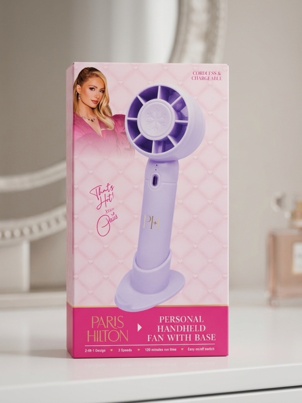 Paris Hilton Lavender Rechargeable Handheld Fan with Stand